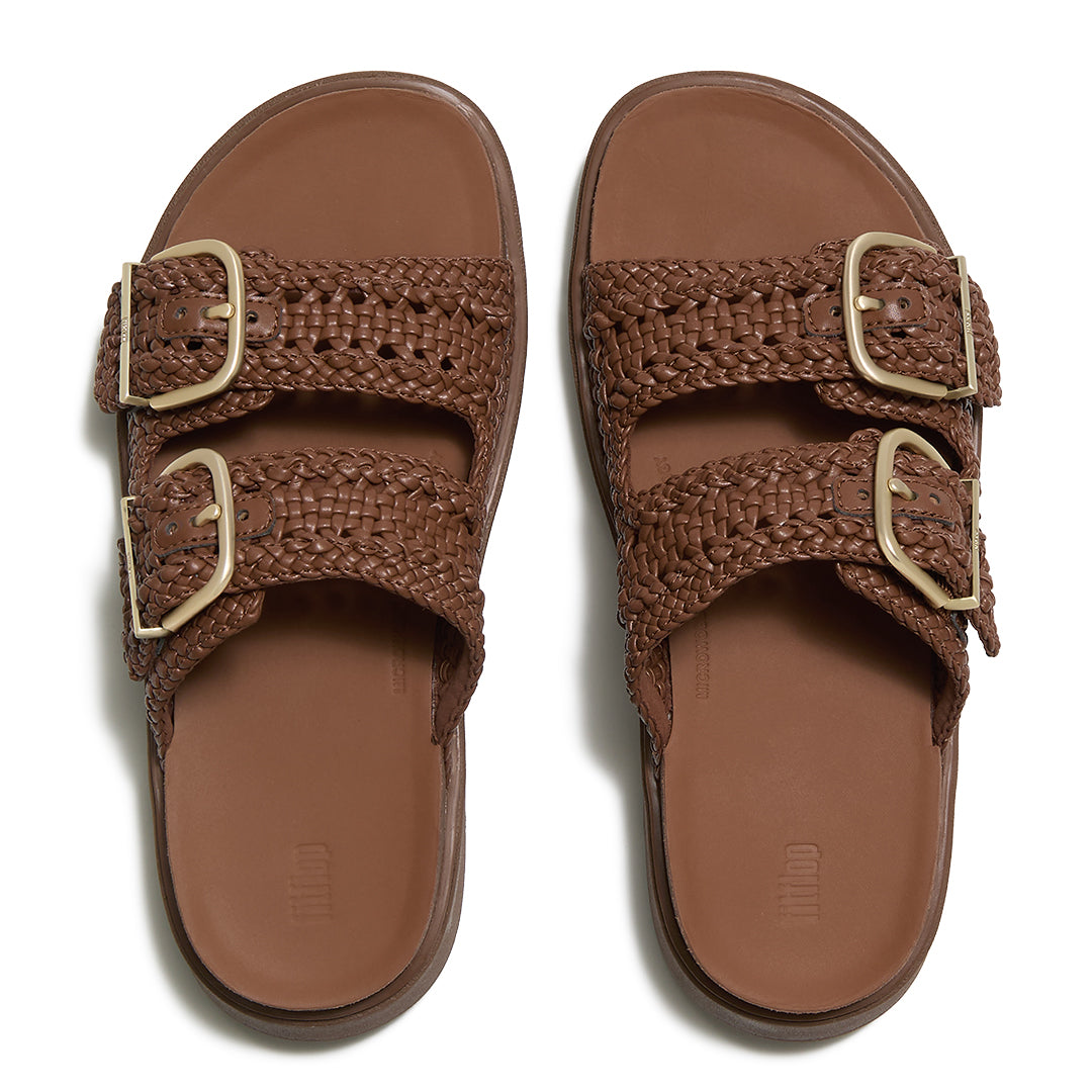 Top view of FitFlop GEN-FF Woven Two-Bar Slides highlighting the two woven straps, adjustable buckles and contoured footbed.