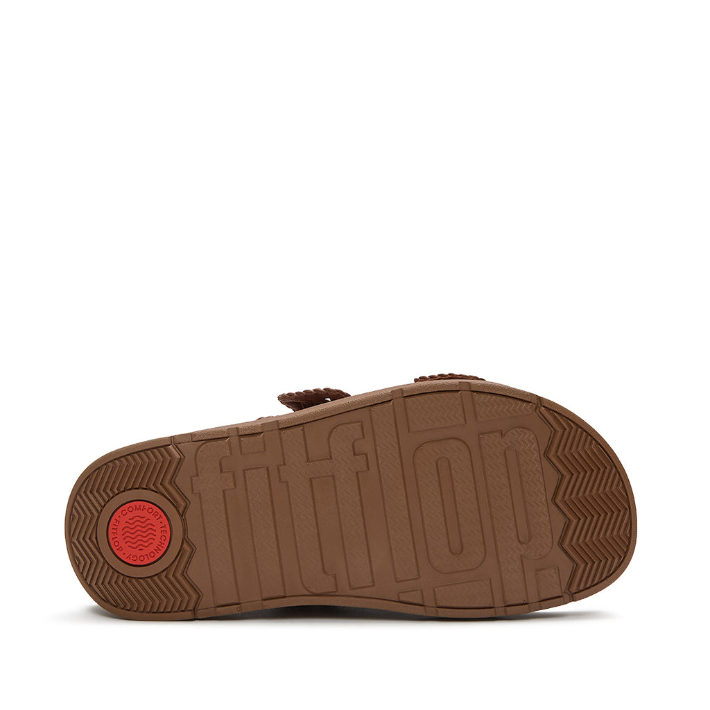 FitFlop GEN-FF Woven Two-Bar Slides featuring a lightweight Microwobbleboard™ midsole with triple-density cushioning and enhanced grip.