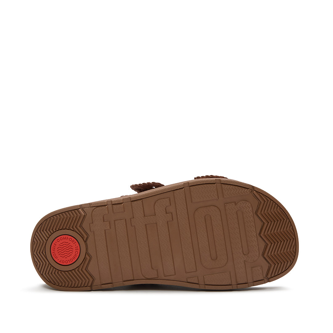 FitFlop GEN-FF Woven Two-Bar Slides featuring a lightweight Microwobbleboard™ midsole with triple-density cushioning and enhanced grip.