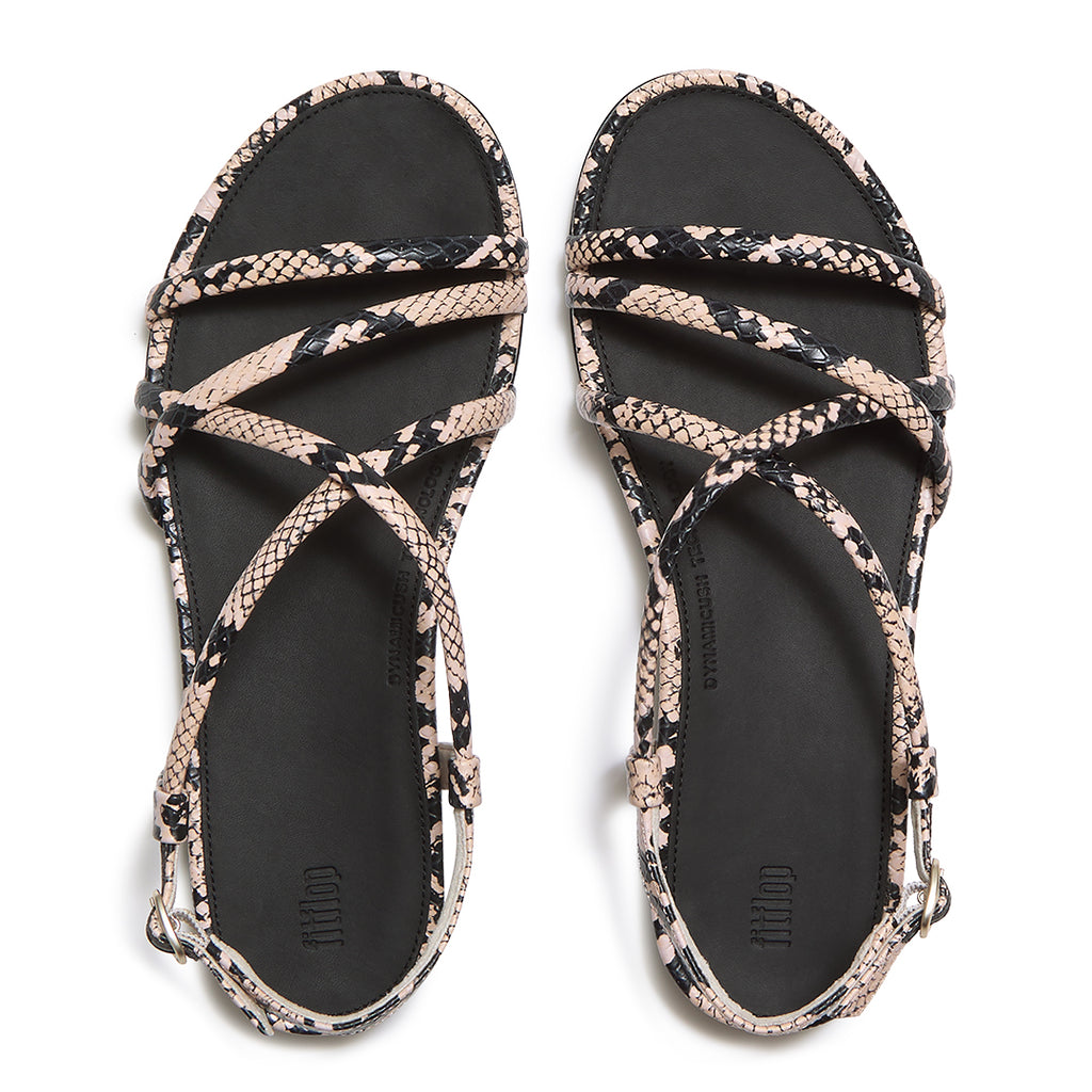 Top view of FitFlop GRACIE Snake Sandals highlighting the supportive criss-cross straps, snake-print leather and contoured footbed.