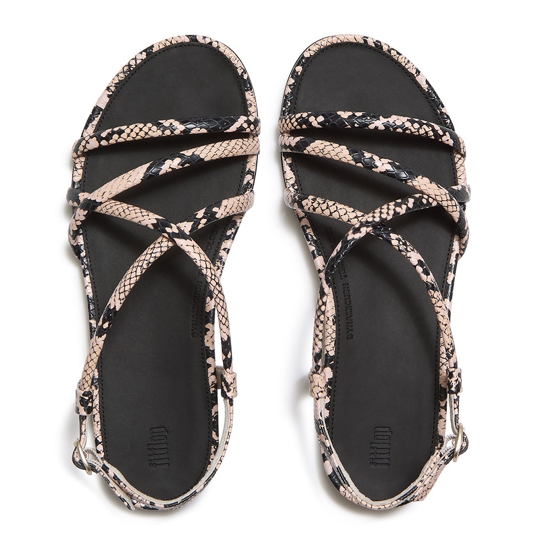 Top view of FitFlop GRACIE Snake Sandals highlighting the supportive criss-cross straps, snake-print leather and contoured footbed.