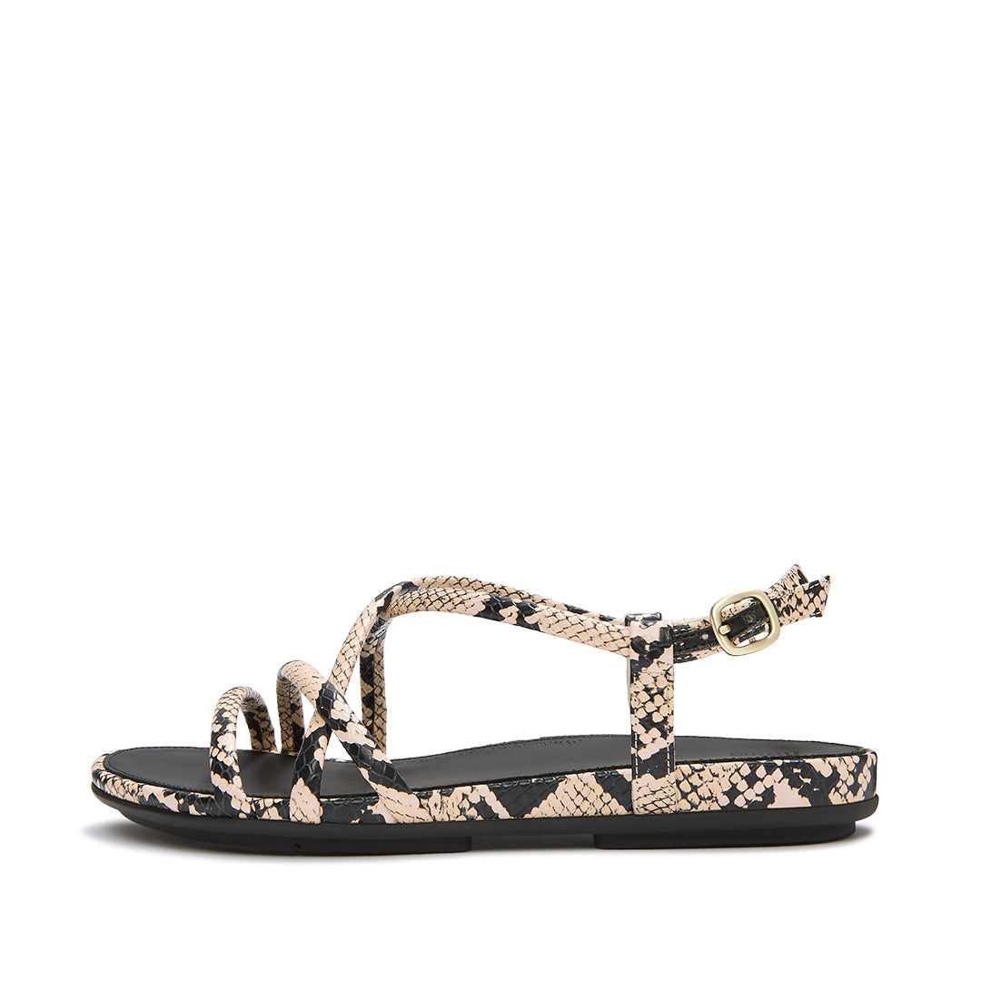 FitFlop GRACIE Snake Sandals featuring snake-print leather, supportive criss-cross straps and a slim Dynamicush™ cushioned sole.
