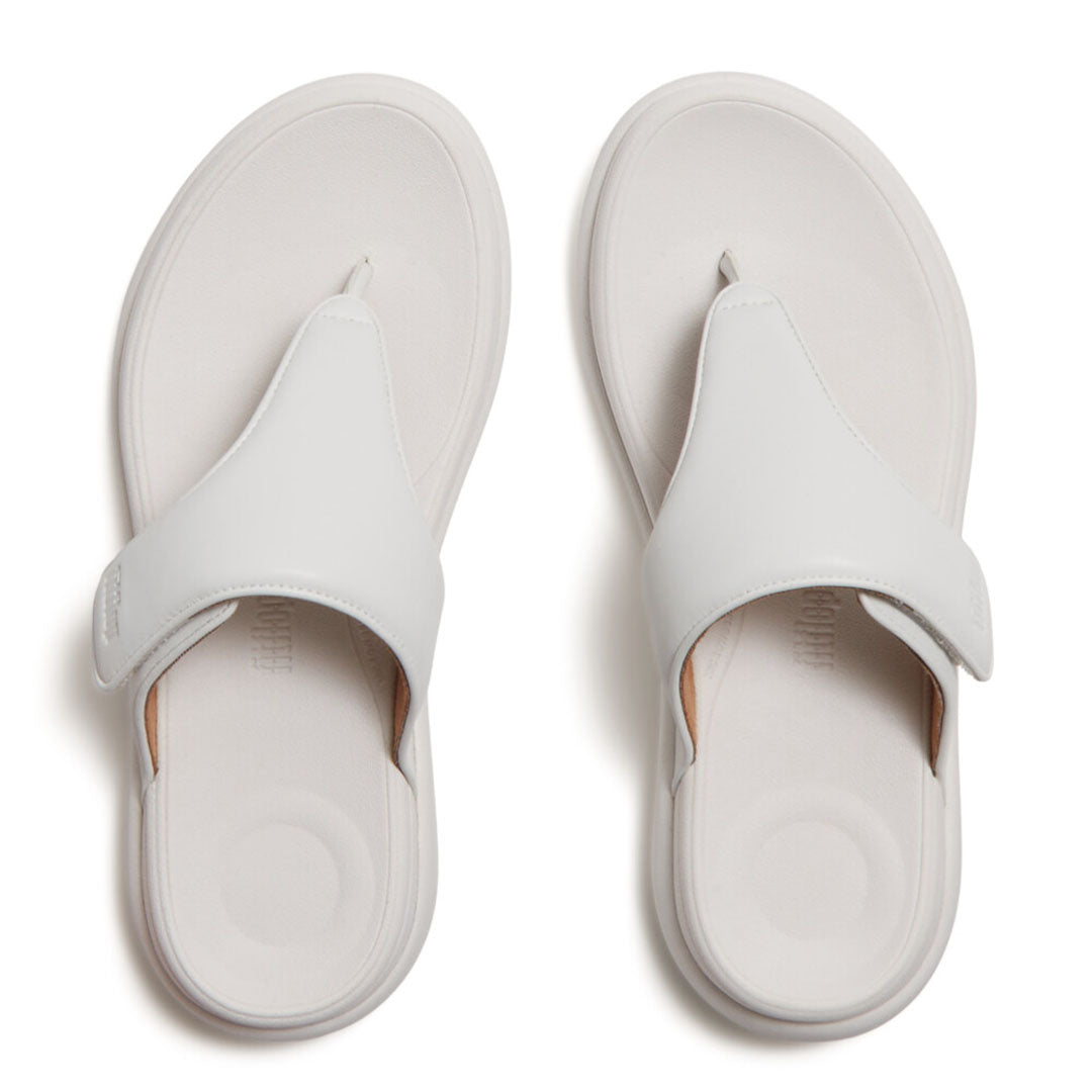 Top view of FitFlop F-MODE Go Toe-Post Sandals highlighting the adjustable touch-fastening strap, toe-post design, and contoured footbed.