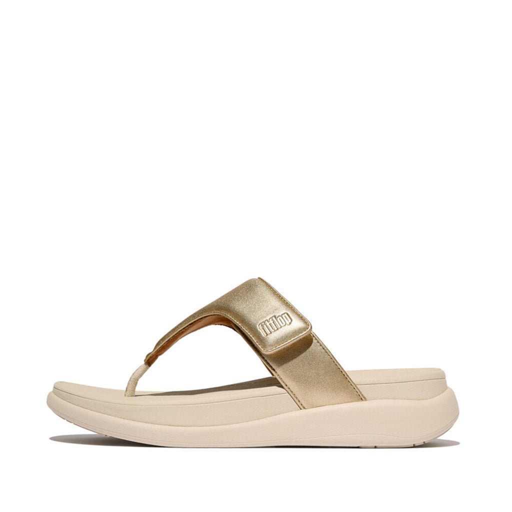 FitFlop F-MODE Go Adjustable Flatform Toe-Post Sandals featuring metallic padded straps, adjustable fastening, and a chunky flatform sole.