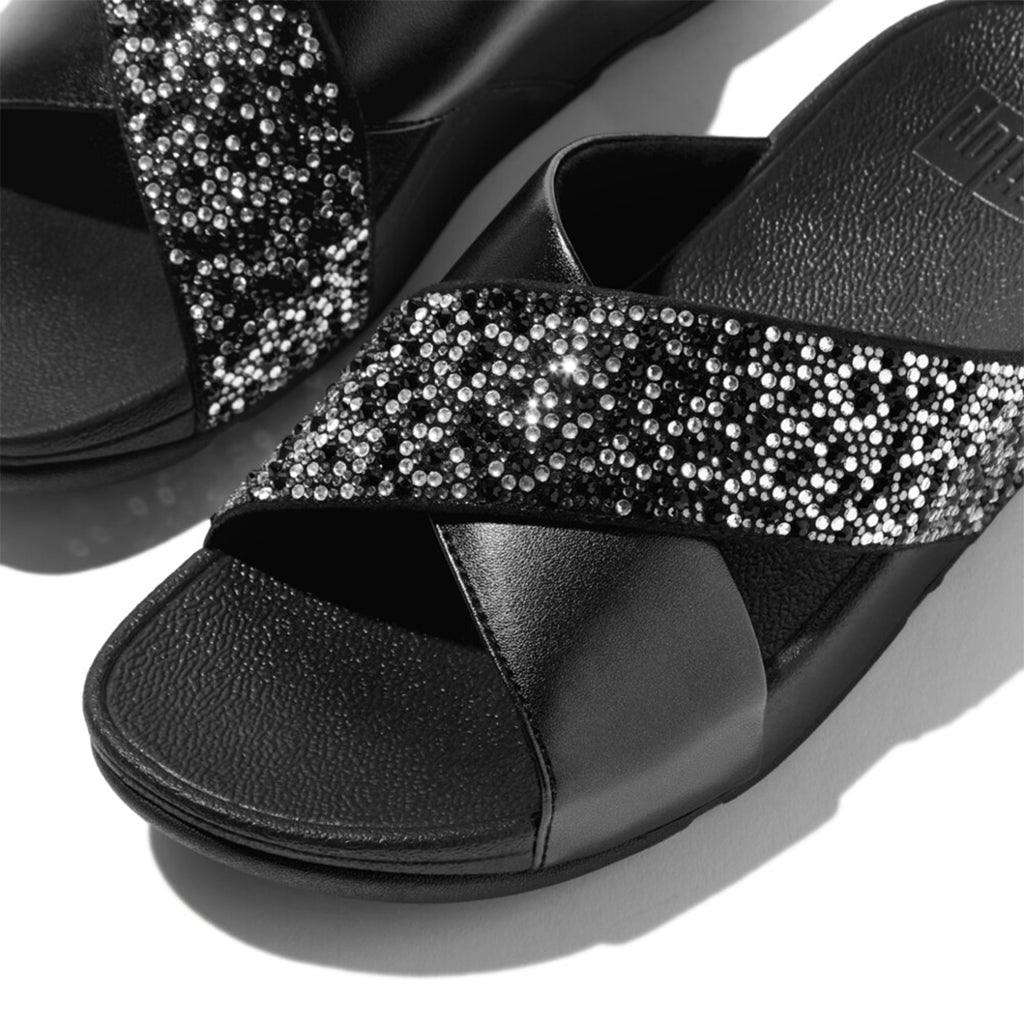 LULU crystal-mix metallic cross slides with padded straps, sparkling crystals, and Microwobbleboard™ cushioned footbed.