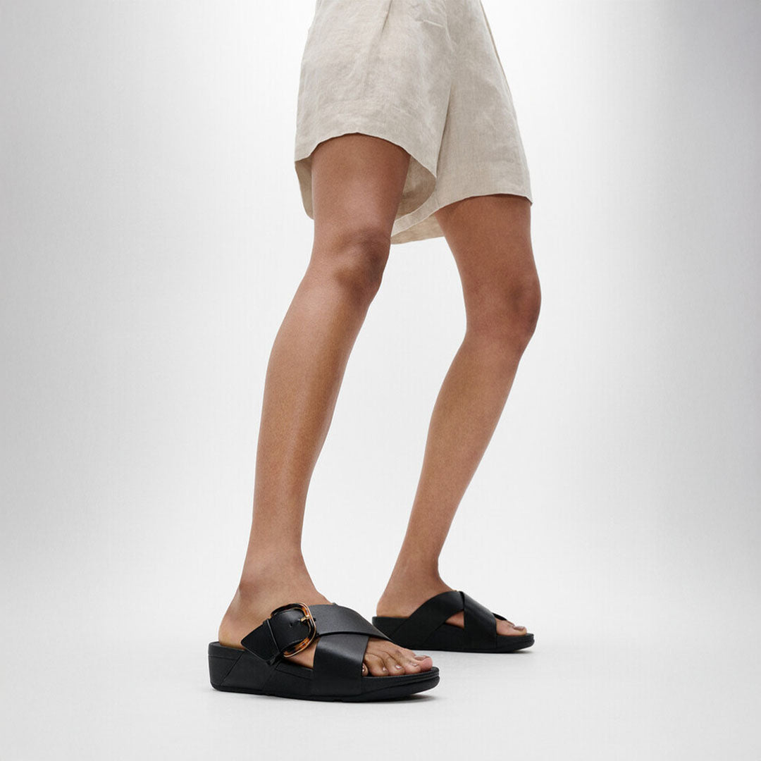 LULU Resin-buckle Leather Cross Slides