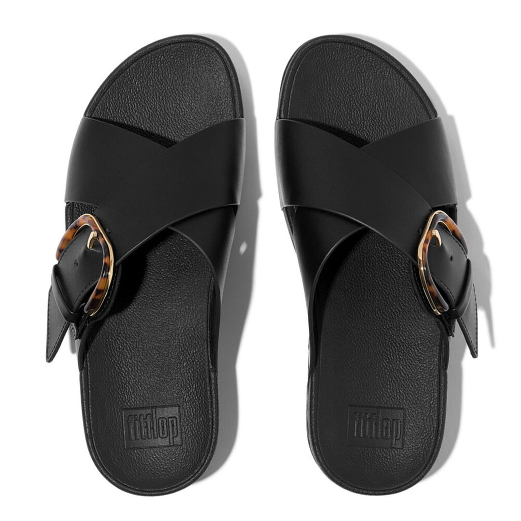 LULU Resin-buckle Leather Cross Slides