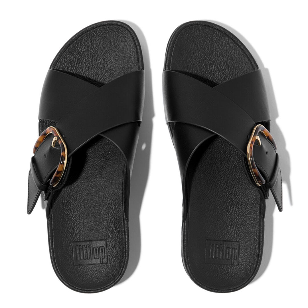 LULU Resin-buckle Leather Cross Slides