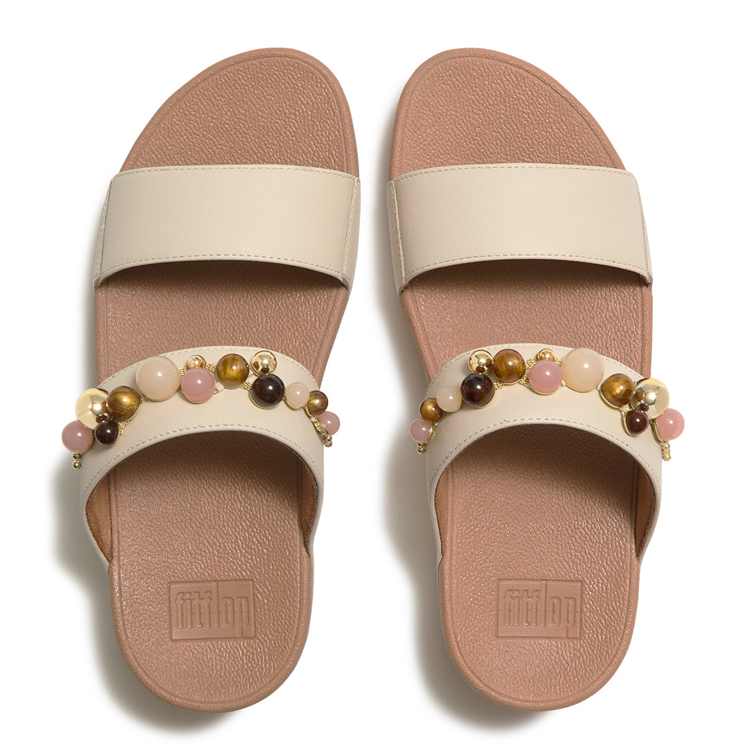 Top view of FitFlop LULU Beaded Slides highlighting the two-strap design, tonal bead embellishments and contoured footbed.