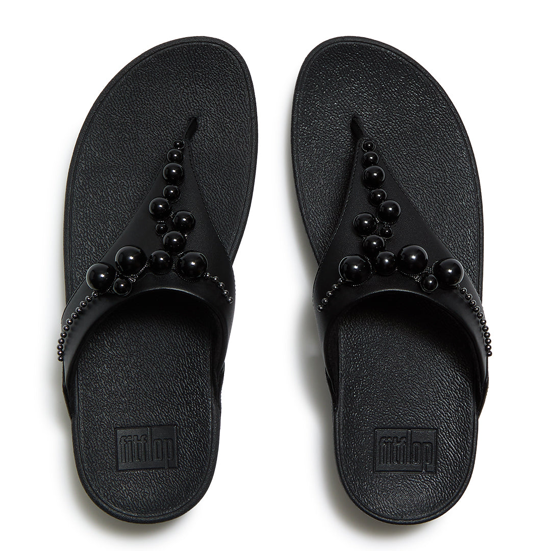 Top view of FitFlop LULU Beaded Toe-Post Sandals highlighting the toe-post design, triangular vamp, tonal beads and contoured footbed.