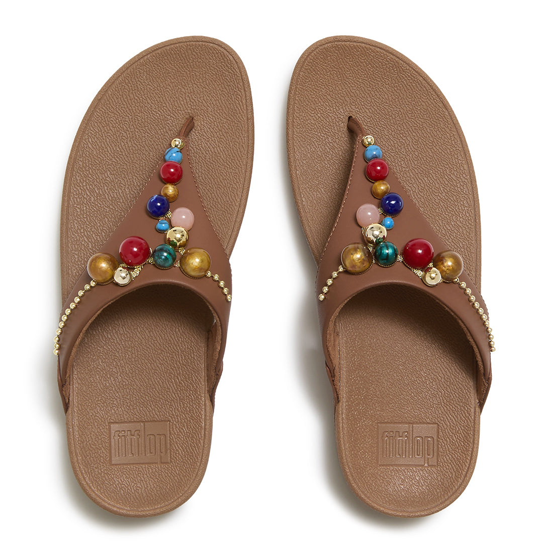 Top view of FitFlop LULU Beaded Toe-Post Sandals highlighting the toe-post design, triangular vamp, tonal beads and contoured footbed.