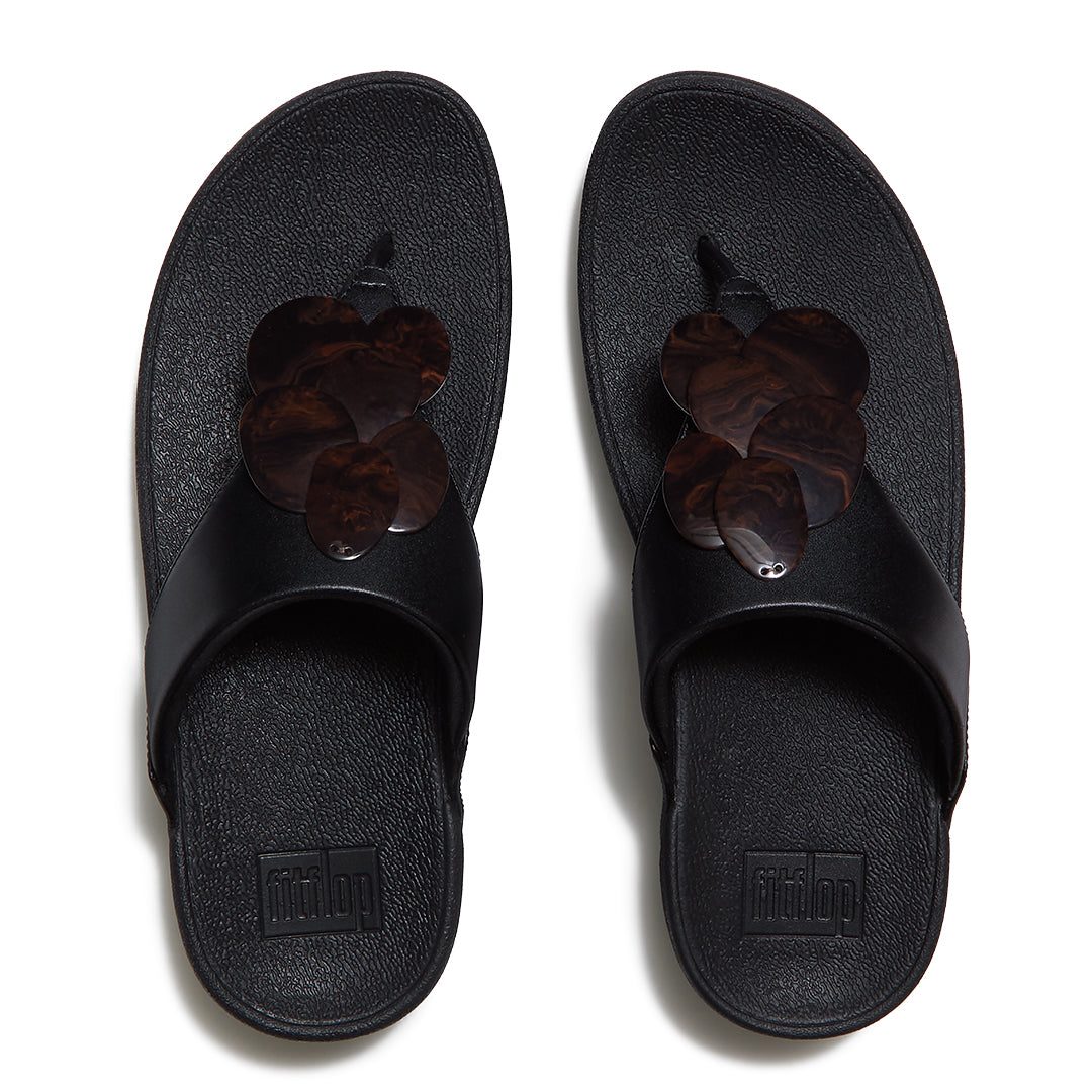 Top view of FitFlop LULU Disc-Cluster Toe-Post Sandals highlighting the triangular vamp, toe-post design, marble-effect discs and contoured footbed.