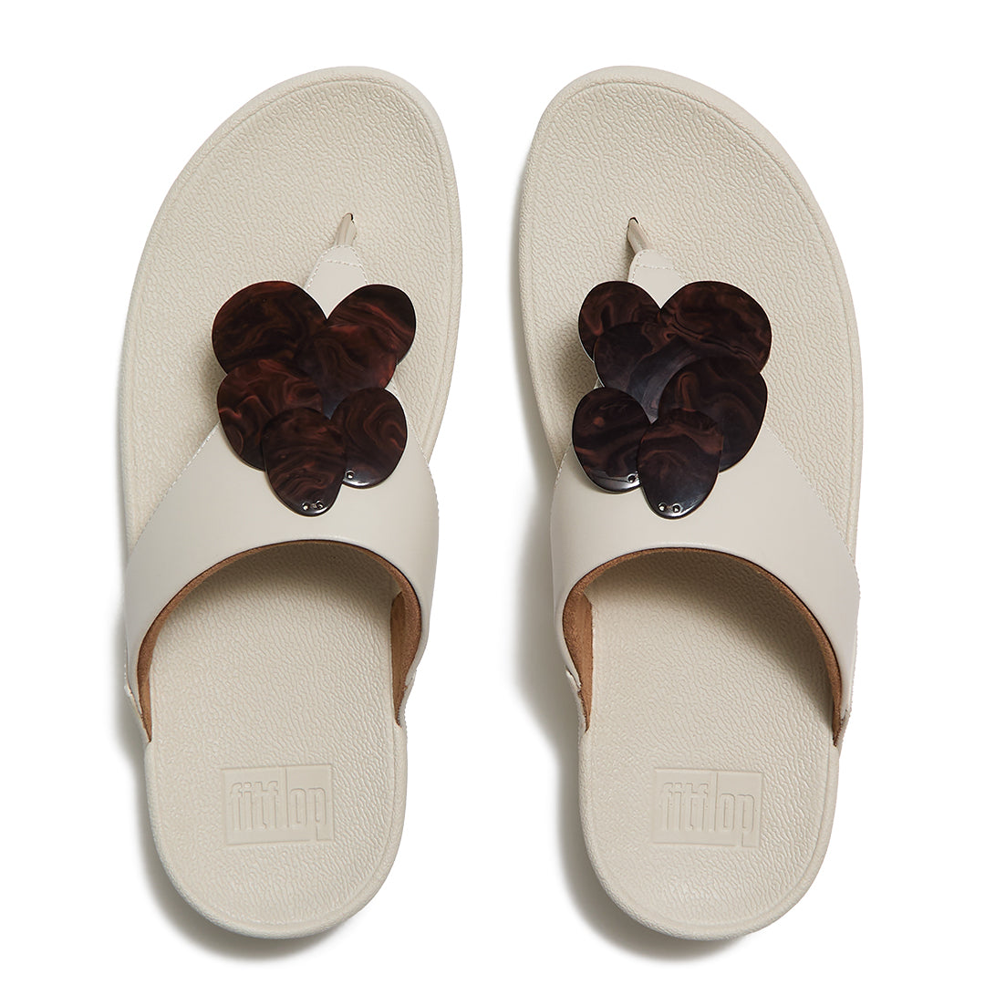 Top view of FitFlop LULU Disc-Cluster Toe-Post Sandals highlighting the triangular vamp, toe-post design, marble-effect discs and contoured footbed.