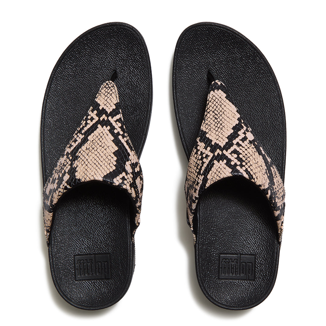 Top view of FitFlop LULU Snake Toe-Post Sandals highlighting the triangular vamp, toe-post design, snake-effect leather and contoured footbed.