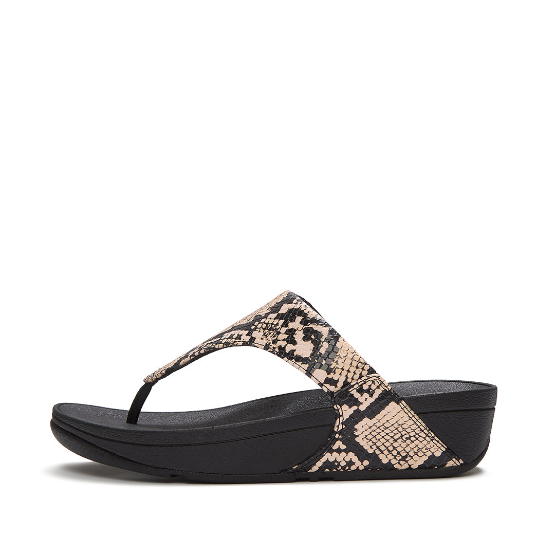 FitFlop LULU Snake Toe-Post Sandals featuring embossed snake-effect leather, a triangular vamp and cushioned Microwobbleboard™ sole.