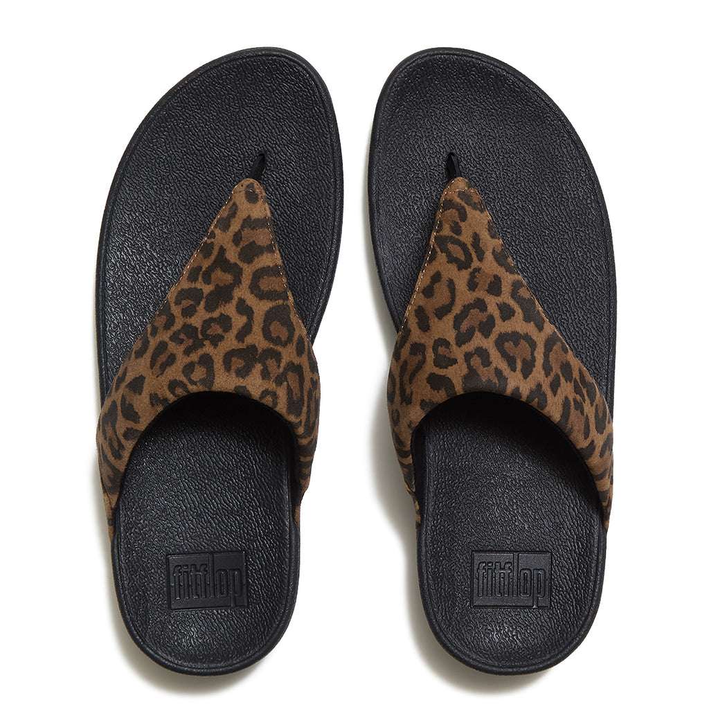 Top view of FitFlop LULU Suede Leopard Toe-Post Sandals highlighting the triangular vamp, toe-post design and leopard-print suede.
