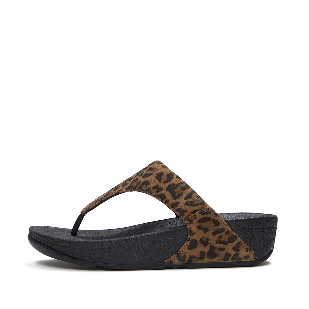 FitFlop LULU Suede Leopard Toe-Post Sandals featuring soft leopard-print suede, padded straps and a cushioned Microwobbleboard™ sole.