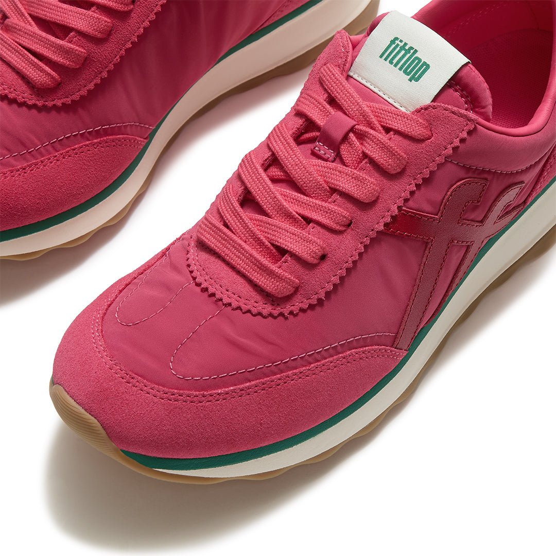 Close-up of FitFlop RETRO-Q FF Fabric/Suede Sneakers featuring premium suede detailing, lightweight nylon panels, and retro styling.