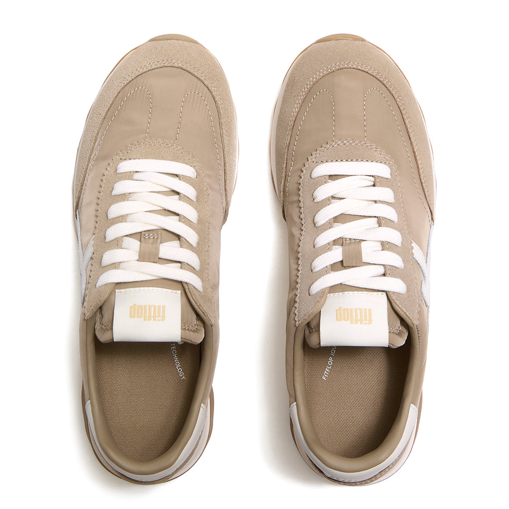Top view of FitFlop RETRO-Q FF Sneakers highlighting the mixed fabric and suede upper, lace-up closure, and cushioned footbed.