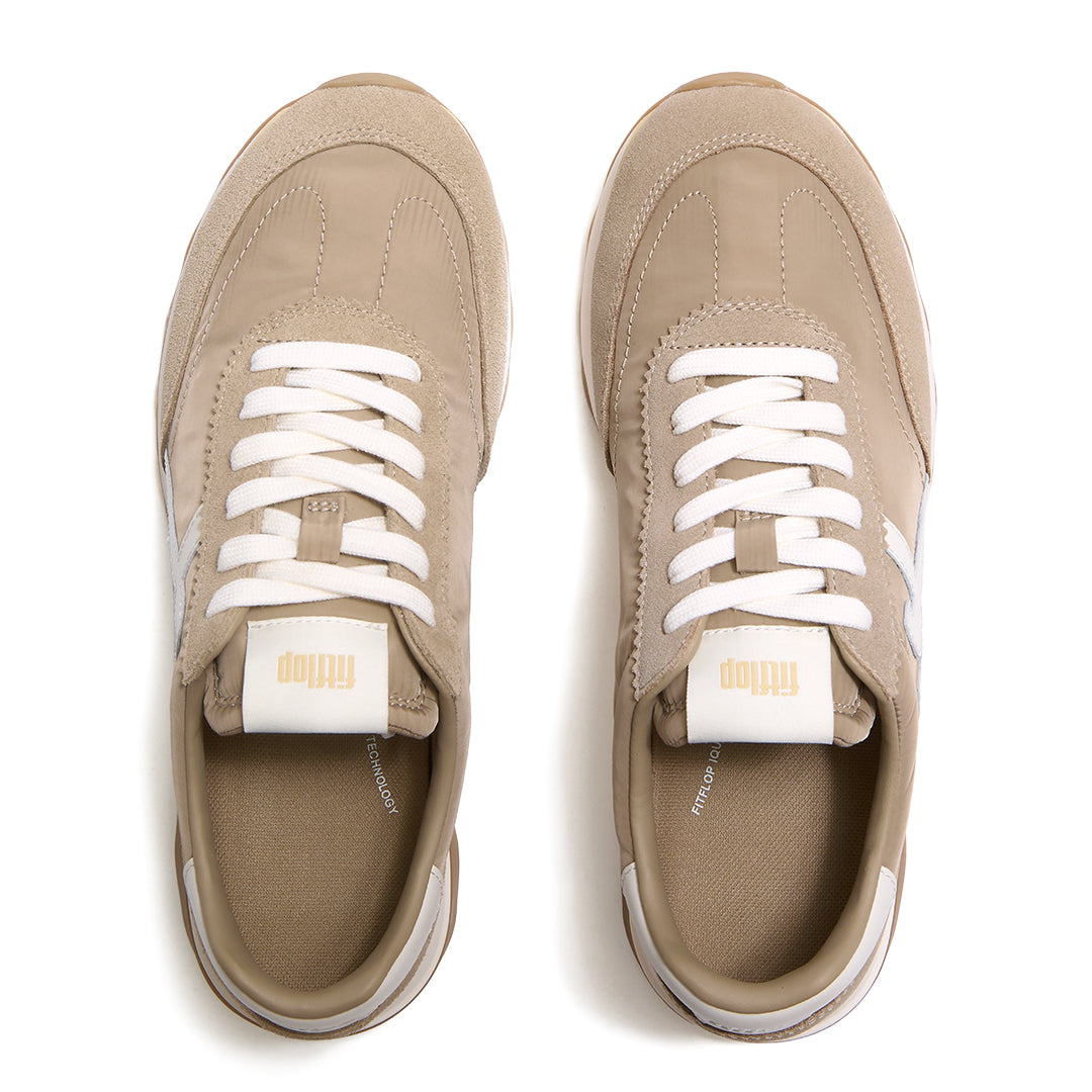 Top view of FitFlop RETRO-Q FF Sneakers highlighting the mixed fabric and suede upper, lace-up closure, and cushioned footbed.