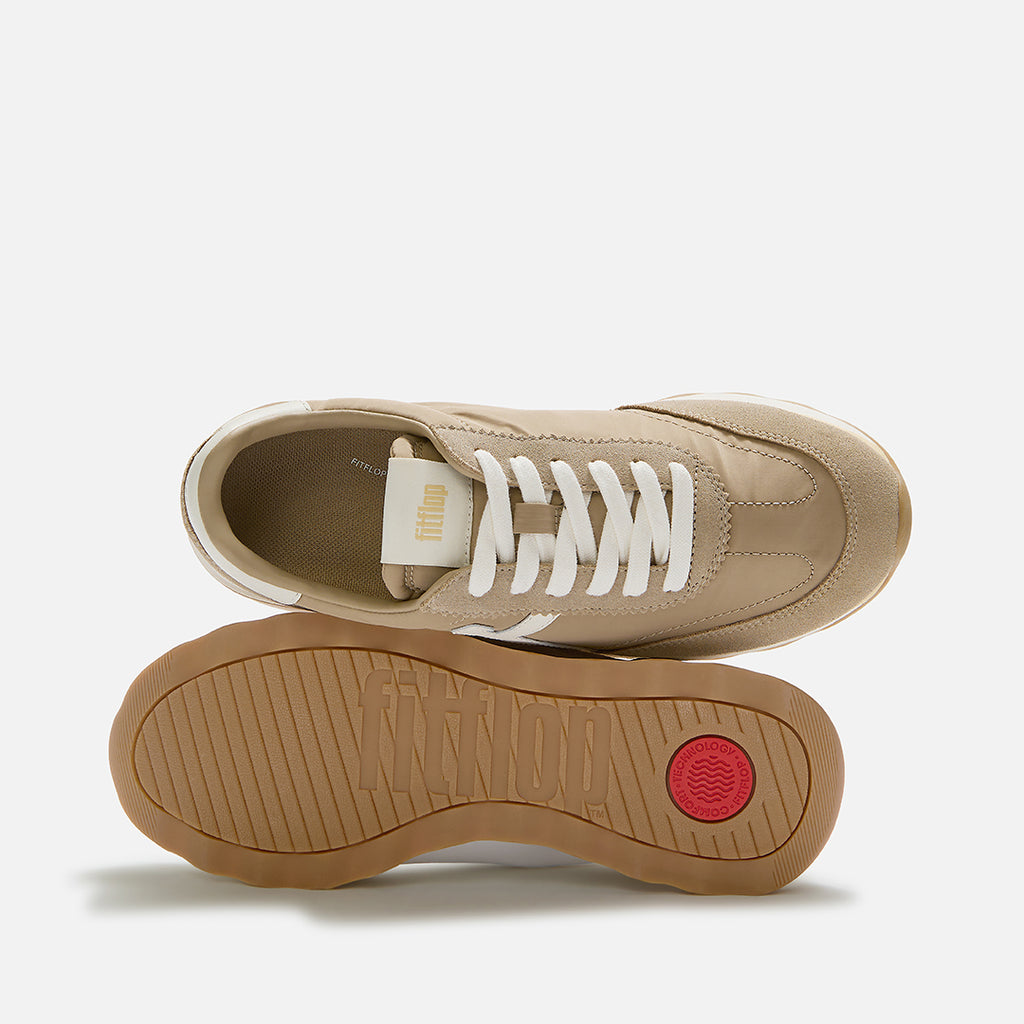 FitFlop RETRO-Q FF Fabric/Suede Sneakers featuring iQushion™ midsole technology with impact pillows and pressure-diffusing support.