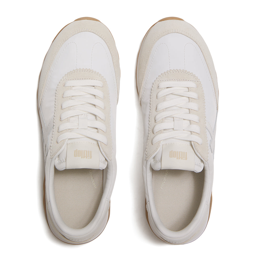 Top view of FitFlop RETRO-Q FF Sneakers highlighting the mixed fabric and suede upper, lace-up closure, and cushioned footbed.
