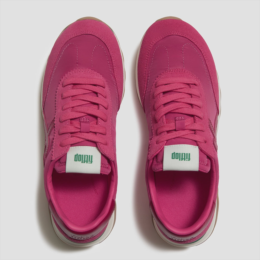 Top view of FitFlop RETRO-Q FF Sneakers highlighting the mixed fabric and suede upper, lace-up closure, and cushioned footbed.