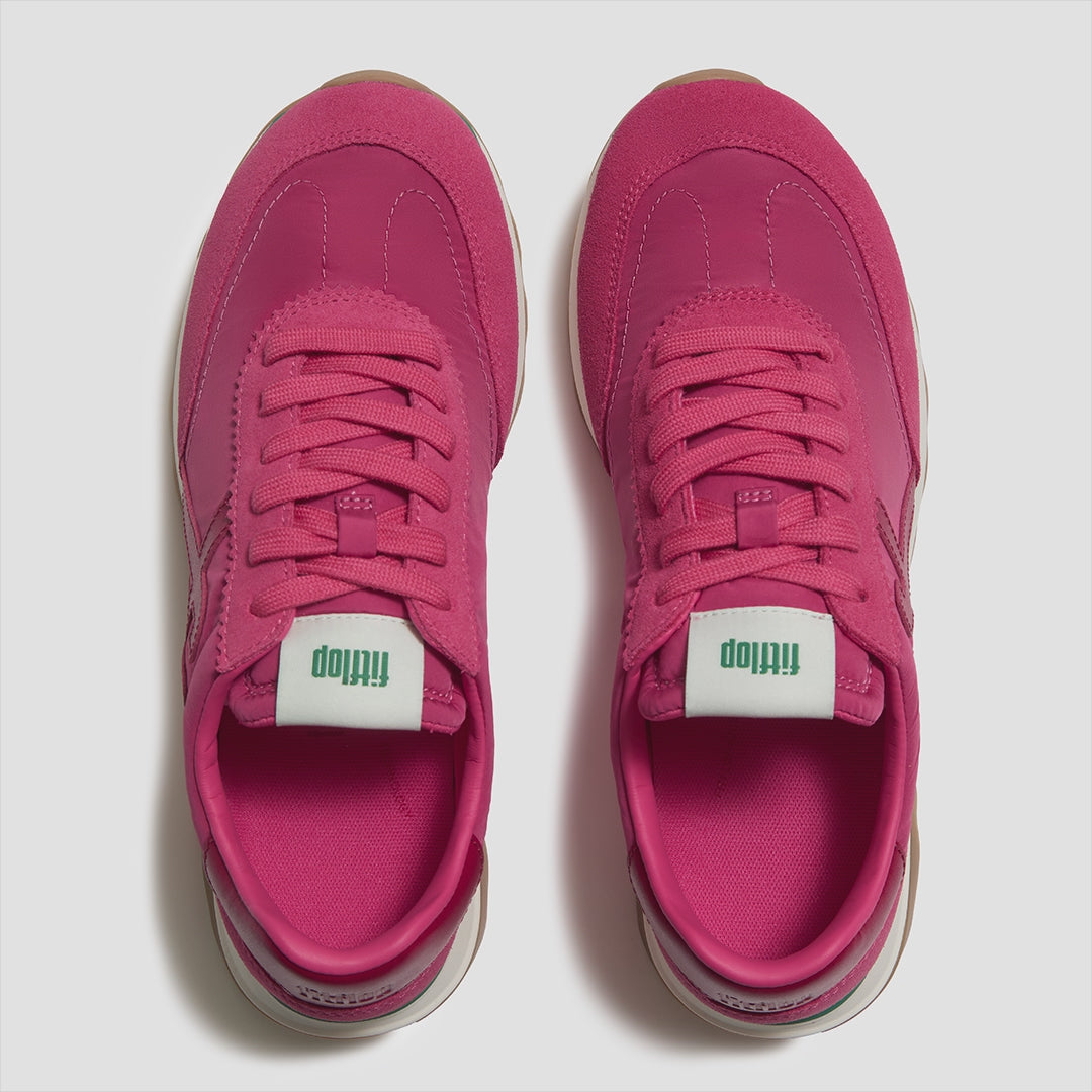 Top view of FitFlop RETRO-Q FF Sneakers highlighting the mixed fabric and suede upper, lace-up closure, and cushioned footbed.